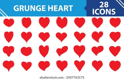  Grunge red vector hand drawn hearts doodles collection. isolated on white background. Vector Illustration. EPS 10