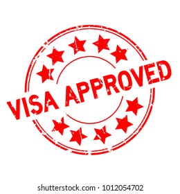 Grunge red visa approved with star icon round rubber seal stamp on white background