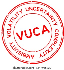 VUCA roja gruesa (abreviatura de Volatilidad, incertidumbre, complejidad y ambigüedad) sello de sello de goma redondo sobre fondo blanco