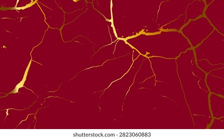 Grunge red wall texture with golden cracks. Vector eps10