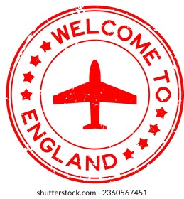 Bienvenida de color rojo grueso a Inglaterra con sello de sello de sello de goma redondo del icono del avión sobre fondo blanco