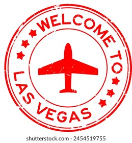 Grunge Rot Willkommen in Las Vegas mit Flugzeug-Ikone runden Gummisiegelstempel auf weißem Hintergrund