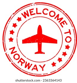 Grunge red welcome to norway word with plane icon round rubber seal stamp on white background