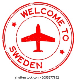 Grunge red welcome to Sweden word with airplane icon round rubber seal stamp on white background