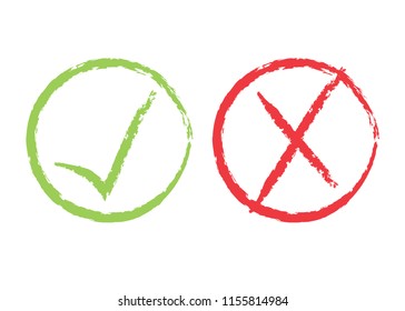 Grunge Red X and green tick check marks, approval signs design. Red X and green OK symbol icons in circle check boxes. Brush painted heck list marks, choice options, test, quiz or survey signs.