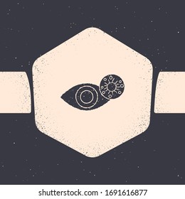 Grunge Reddish eye due to virus, bacterial or allergic conjunctivitis icon isolated on grey background. Monochrome vintage drawing. Vector Illustration
