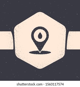 Grunge Refill petrol fuel location icon isolated on grey background. Gas station and map pointer. Monochrome vintage drawing. Vector Illustration