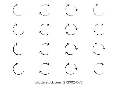 Grunge refrescar, girar, conjunto de iconos de flecha circular. Esta colección cuenta con múltiples íconos de flechas con textura grunge para refrescar, recargar y rotar diseñados con pinceladas y detalles ásperos dibujados a mano.