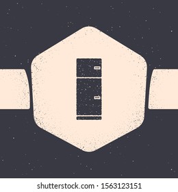 Grunge Refrigerator icon isolated on grey background. Fridge freezer refrigerator. Household tech and appliances. Monochrome vintage drawing. Vector Illustration