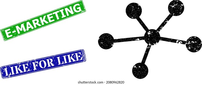 Grunge relatiions icon and rectangle textured E-Marketing stamp. Vector green E-Marketing and blue Like for Like imprints with grunge rubber texture, designed for relatiions illustration.