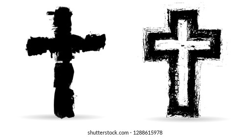 Grunge Religion Cross . Black Paint . Vector