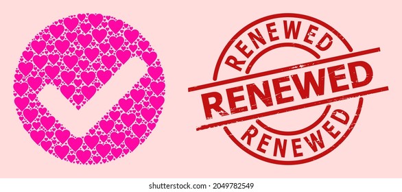 Grunge Renewed stamp seal, and pink love heart mosaic for yes mark. Red round stamp contains Renewed title inside circle. Yes mark mosaic is composed from pink dating elements.