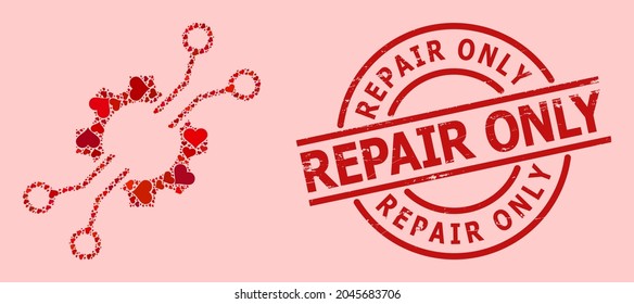 Grunge Repair Only stamp, and red love heart collage for electronic mechanics. Red round stamp seal includes Repair Only tag inside circle.
