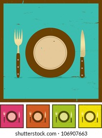 Grunge Restaurant Banner Set/ Illustration of a set of four fork, knife and plate background for food and restaurant banner