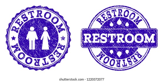 Grunge Restroom stamp seal watermarks. Restroom text inside blue retro rubber seals with grunge texture. Rectangle and circle figures are used. Designed for water saving illustrations.