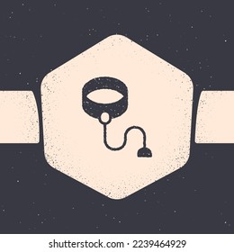 Grunge Retractable cord leash with carabiner icon isolated on grey background. Pet dog lead. Animal accessory for outdoors walk. Monochrome vintage drawing. Vector