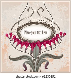 Grunge retro background with frame and flowers