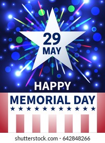 Grunge retro background to Memorial Day with emblem in the form of a white star on the background of a salute, a creative inscription of the Happy Memorial Day and the US flag