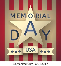Grunge retro background to the memorial day with the emblem in the form of a white star, the creative inscription Memorial Day and ribbon with stars and inscription USA on the part of US flag