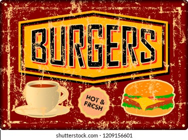 grunge retro Burger, Hamburger, diner tin sign, vintage advertising signage vector