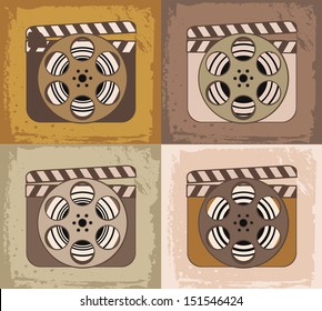 Grunge retro cinema icons: film reel with clapperboard
