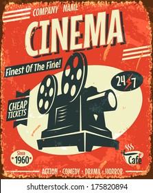 Grunge retro cinema poster. Vector illustration. 