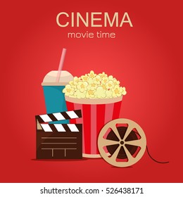 Grunge retro cinema poster. Vector popcorn bowl, disposable cup for drinks with straw, film strip and ticket. Cinema poster attributes. Detailed vector illustration cinema poster