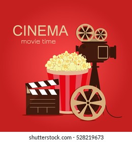 Grunge retro cinema poster. Vector popcorn bowl, disposable cup for drinks with straw, film strip and ticket. Cinema poster attributes. Detailed vector illustration cinema poster