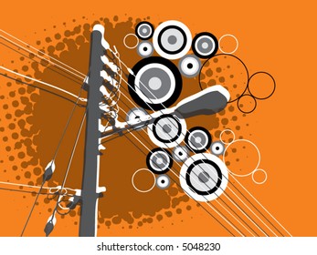 grunge retro circles with lamp post on orange (vector) - illustration