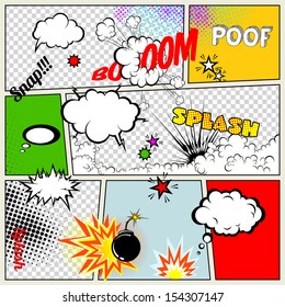 Grunge Retro Comic Speech Bubbles. Vector Illustration on Strip Background. Abstract Talking Clouds and Sounds. svg
