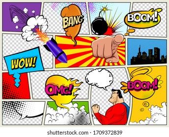 Grunge Retro Comic Speech Bubbles. Background with radial halftone effects and rays in pop-art style. Abstract Talking Clouds and Sounds