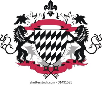 Grunge retro heraldic shield with black lions and fleur-de-lis