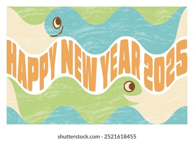 Grunge retro horizontal New Year's card for 2025, the Year of the Snake, featuring a snake slithering.