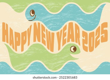 Grunge retro horizontal New Year's card for 2025, the Year of the Snake, featuring a snake slithering.