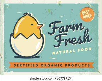 Grunge retro metal sign with chicken and egg. Vintage advertising poster. Farm fresh. Old fashioned design.
