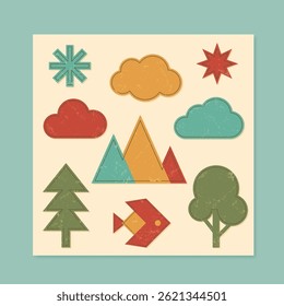 Grunge retro patch set with bold symbols like stars, clouds, triangles, fish, and trees in flat brutalism and y2k style. Perfect for funky decoration, vintage art, or playful creative projects.