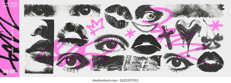 Grunge Retro Photocopy Colagem de olhos, lábios e rabiscos em meio-tom preto e grafite rosa brilhante, lúdico e rebelde.