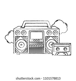 grunge retro radio technology with cassette and clouds