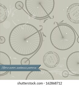 Grunge retro seamless vector pattern background with big wheel bicycle and stamps. All spots are grouped separately and can be easily removed if necessary.