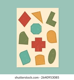 Grunge retro shapes with bold geometric forms set. Colorful memphis style set featuring flat vintage elements. Y2K brutalism aesthetics, playful composition, trendy abstract symbols.