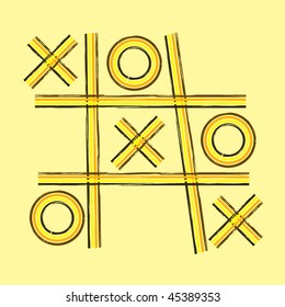 A grunge retro tic tac toe or knots and crosses game board in shades of yellow orange and brown