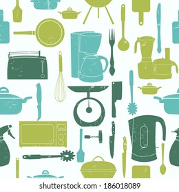 Grunge Retro vector illustration seamless pattern of kitchen tools for cooking