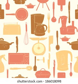 Grunge Retro vector illustration seamless pattern of kitchen tools for cooking