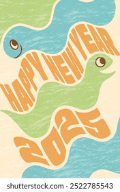 Grunge retro vertical New Year's card for 2025, the Year of the Snake, featuring a snake slithering.