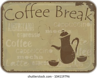 Grunge retro Vintage card - coffee Menu cover - coffee pot and cups - vector illustration
