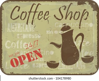 Grunge retro Vintage card - coffee Menu cover, sign pattern for coffee shop - coffee pot and cups - vector illustration