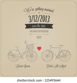 Grunge retro wedding invitation with tandem vintage bicycles