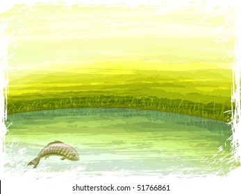 Grunge retro-styled summer lake scenery with a fish jumping out of the water (the "bleached" overlay effect and the white frame are contained in separate layers; this is an AI-optimized EPS 8 file)