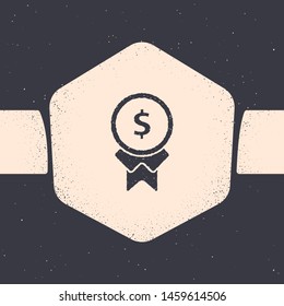 Grunge Reward for good work icon isolated on grey background. Employee of the month, talent award, outstanding achievement, successful person. Monochrome vintage drawing. Vector Illustration