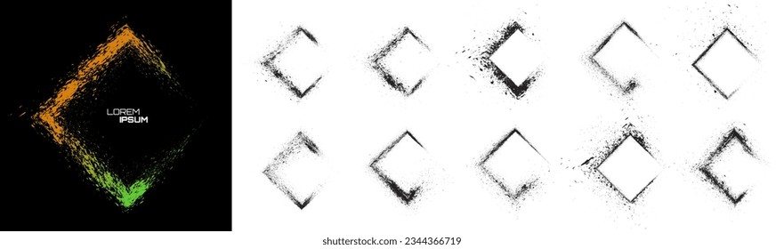 Grunge rhombus frame effect set. Distressed overlay rough textured. Abstract vintage monochrome. Black shape isolated on white background. Graphic design halftone style concept for banner, flyer, etc